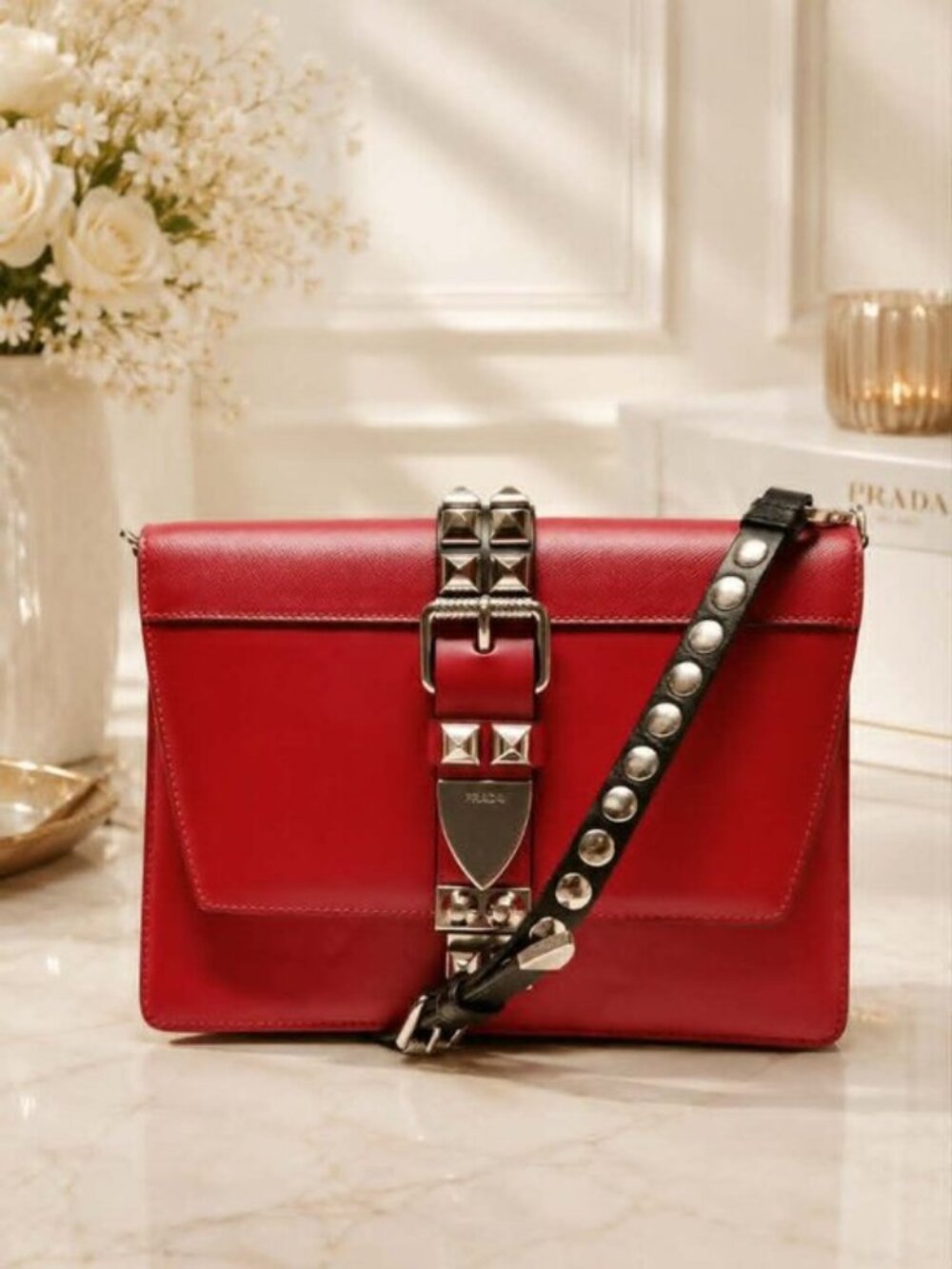 Authentic Prada Elektra Red Leather Studded Crossbody Shoulder Bag